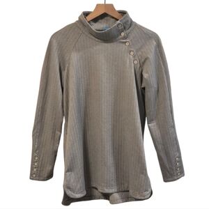 J. McLaughlin Mockneck Gray Herringbone Button Detail Knit Pullover  Size Large
